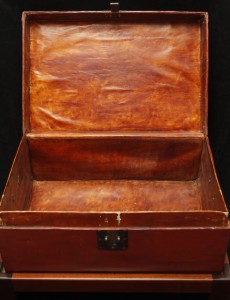 Antique Chinese Red and Gold Lacquered Pigskin Chest with Custom Wood Stand (Open)